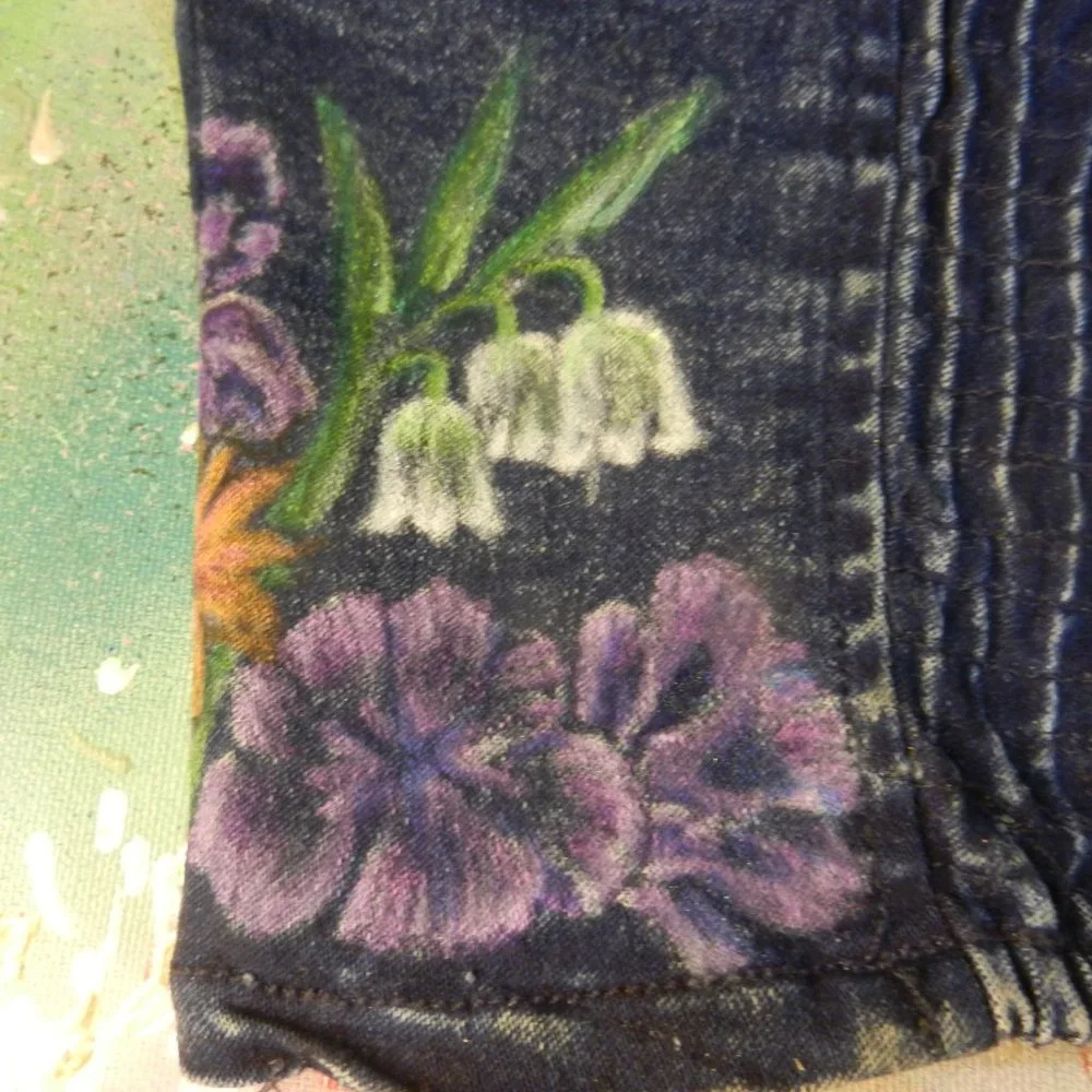 HAND CRAFTED floral denim bustier OOAK custom hand painted jean camisole top - Picture 6 of 16